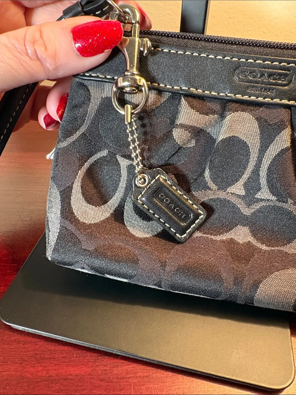 Coach Black and Gray Signature Canvas Wristlet